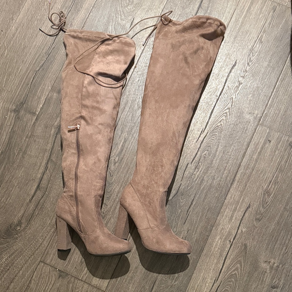 Taupe Suede Over-The-Knee Tie Back Boots | Block Heel | Size 7.5